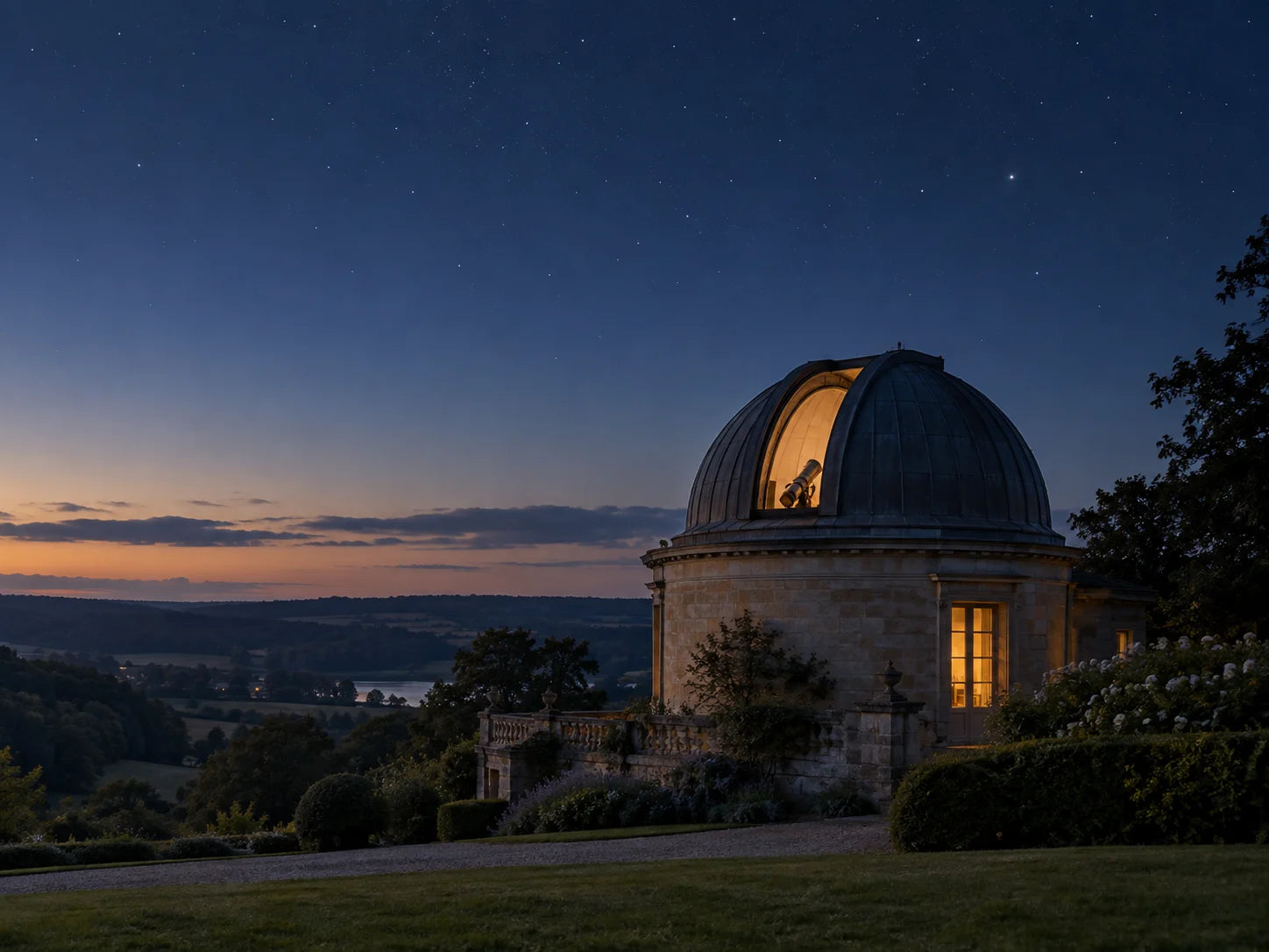 A warmly lit observatory beneath a clear evening sky